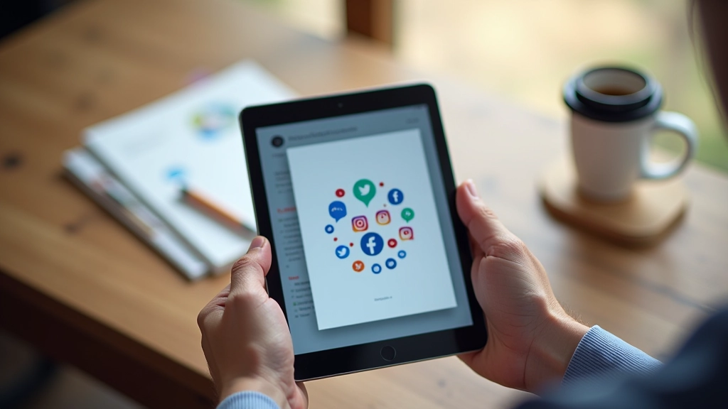 Sociale media feed op tablet scherm met likes en comments, houten tafel