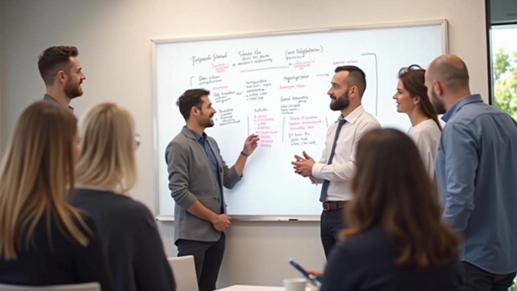 Team brainstorm sessie met notities en diagrammen op whiteboard, heldere kantoor